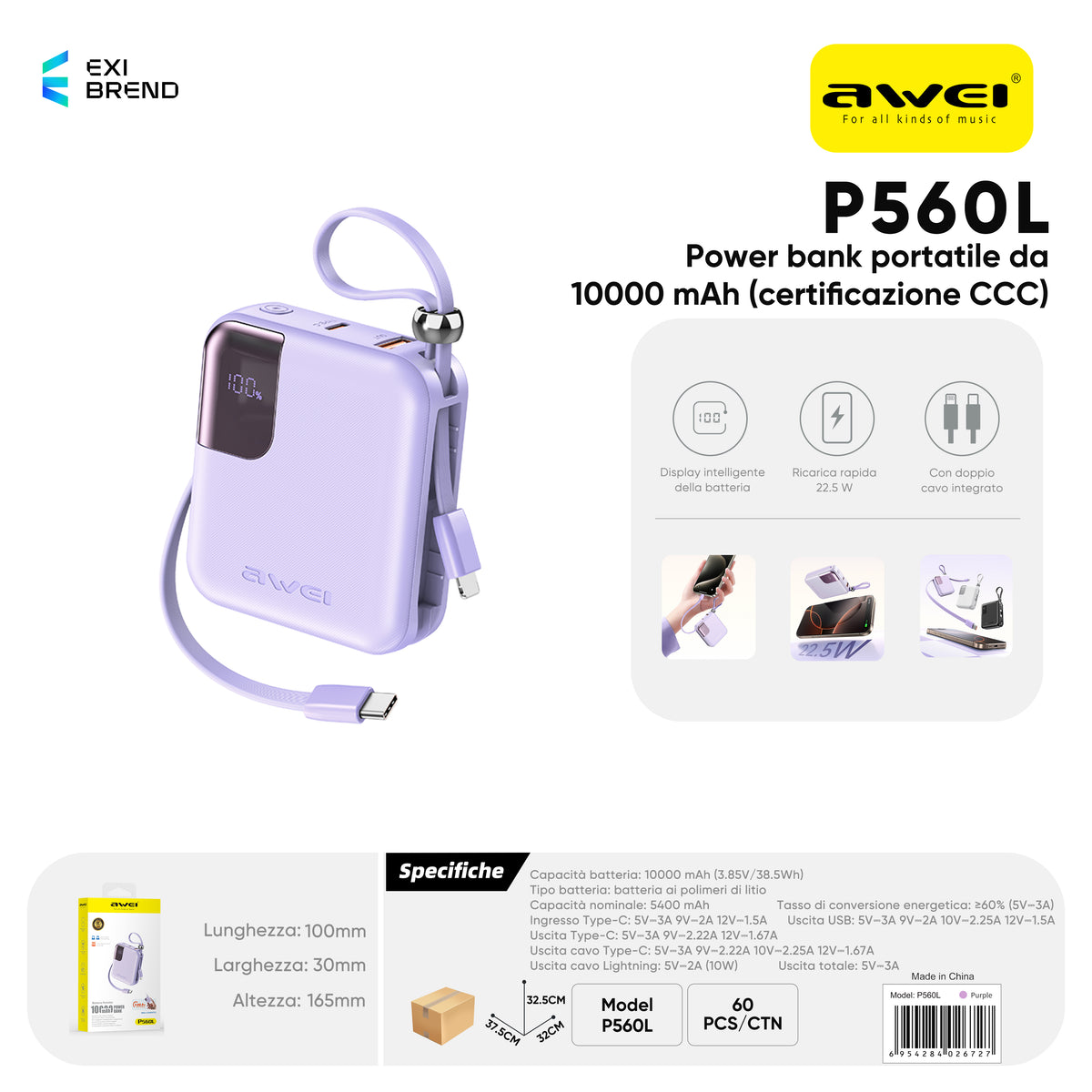 AWEI P560L Mini Power Bank con Cavi 10000 mAh