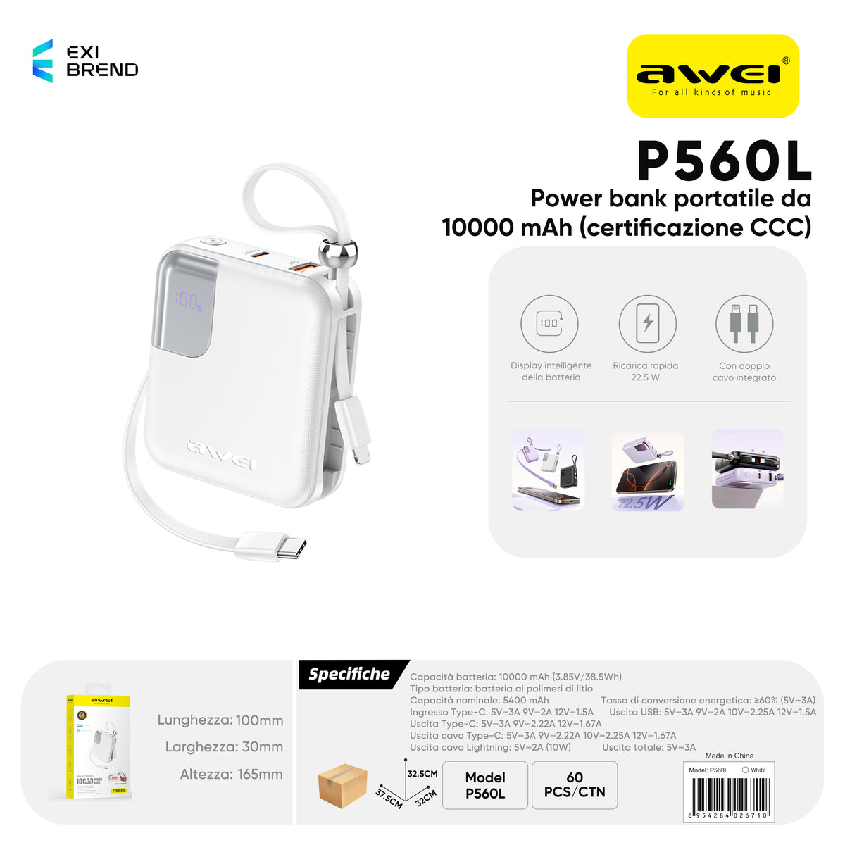 AWEI P560L Mini Power Bank con Cavi 10000 mAh