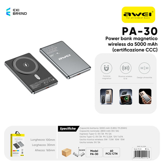 AWEI PA-30 Power Bank Wireless 5000 mAh Ulra Slim