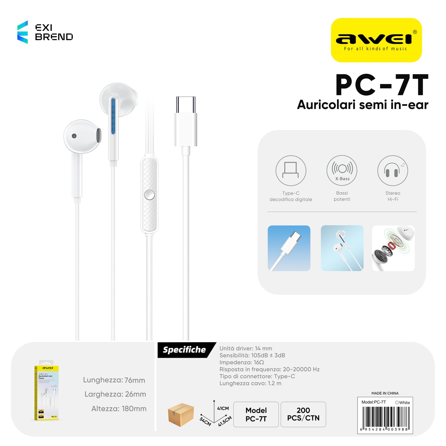 AWEI PC-7T Auricolari Stereo in Ear Cablato