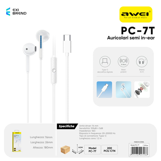 AWEI PC-7T Auricolari Stereo in Ear Cablato
