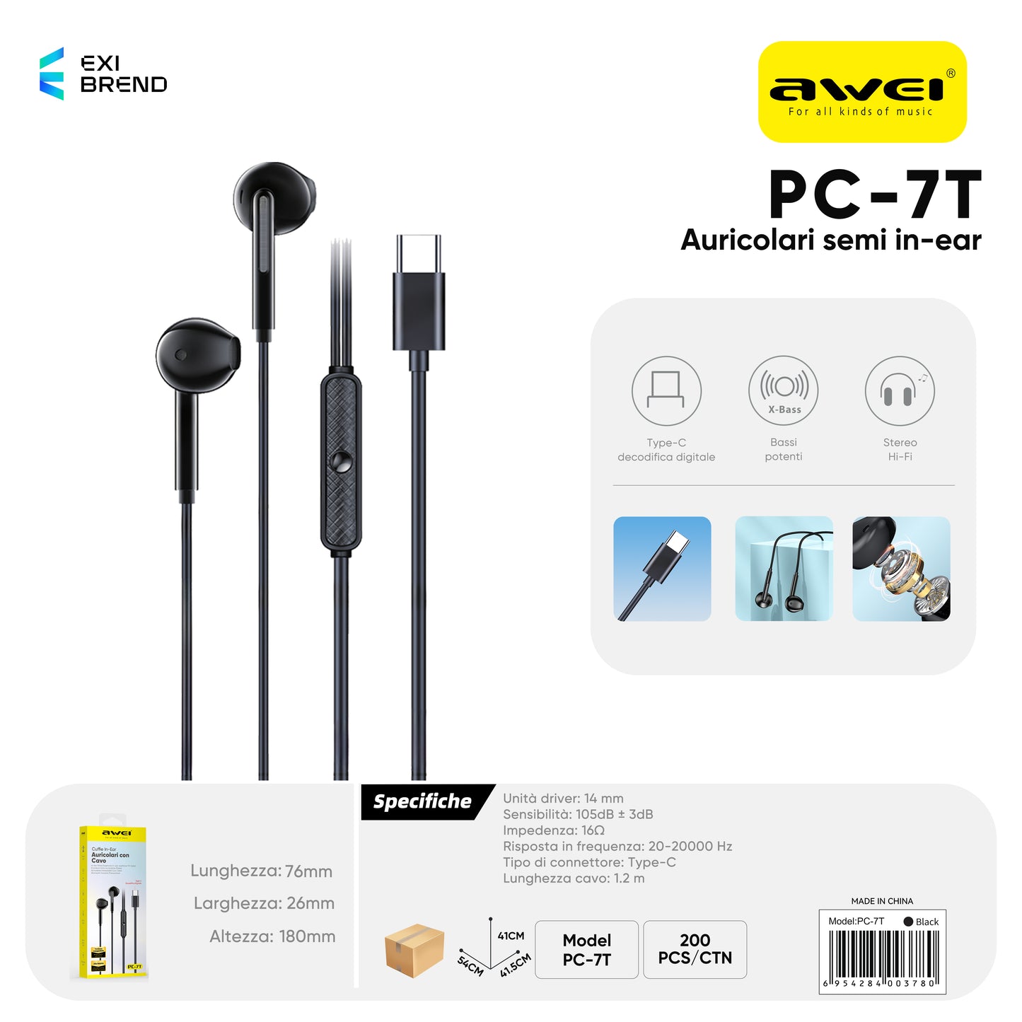 AWEI PC-7T Auricolari Stereo in Ear Cablato