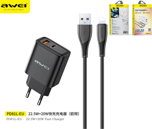 AWEI Caricabatteria Doppio Output Usb+Type-C E Cavo Usb To Lightning