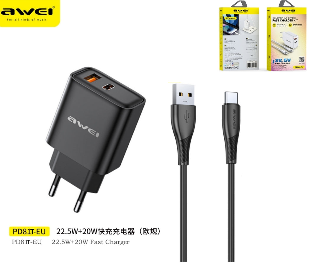 AWEI Caricabatteria Doppio Output Usb+Type-C E Cavo Usb To Type-C