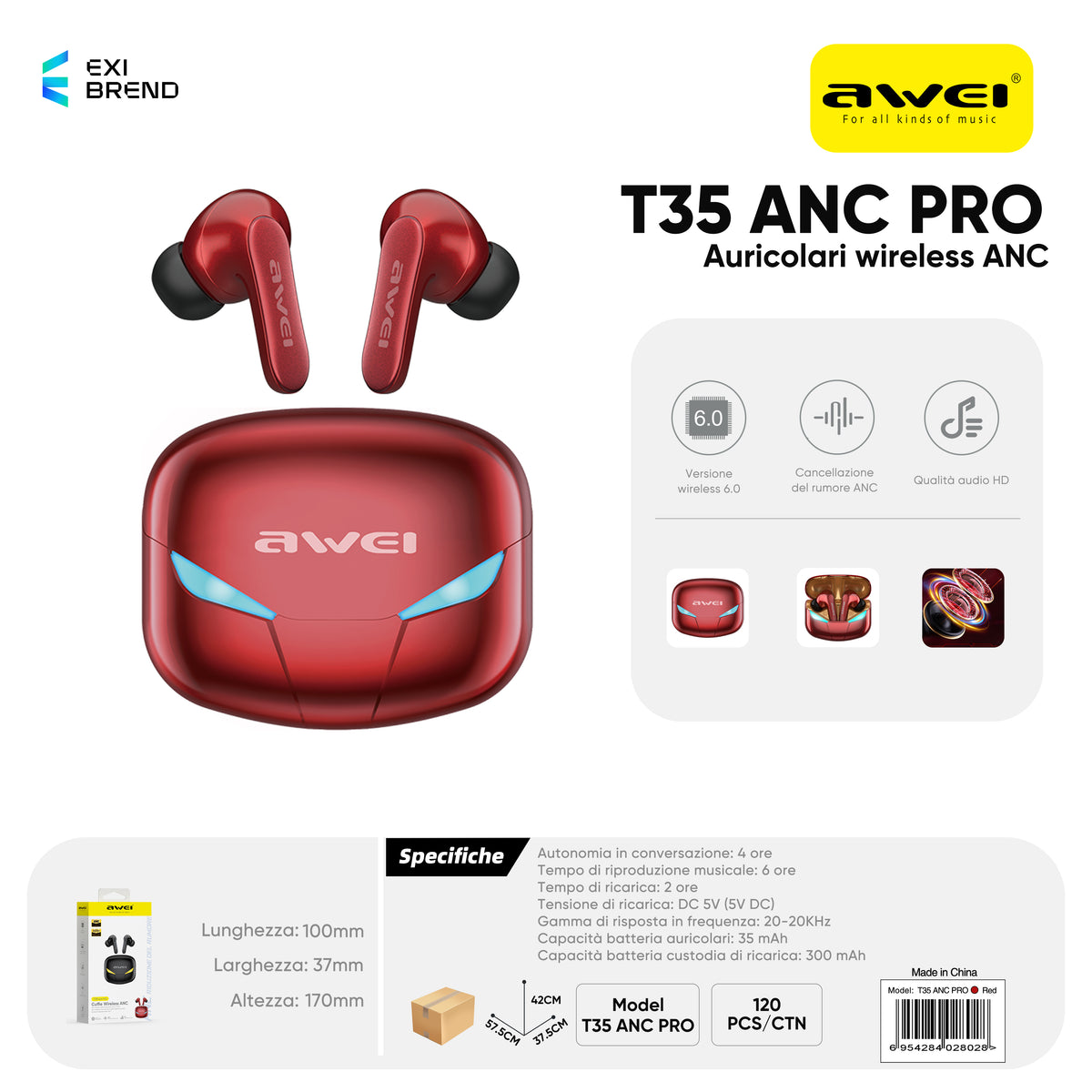 AWEI T35-ANCPRORD Cuffie ANC Gaming Wireless Rosso