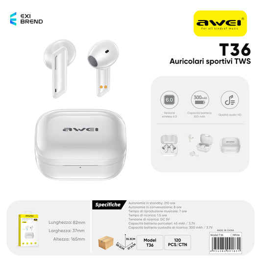 AWEI T36WH Cuffie Bluetooth Touch Screen Impermeabili Nere
