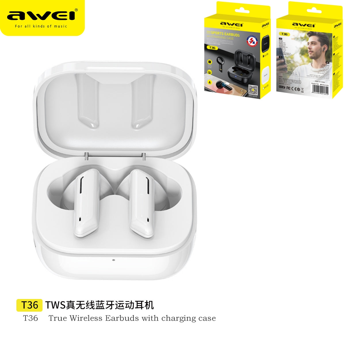 AWEI Cuffie Bluetooth Touch Screen Impermeabili Nere