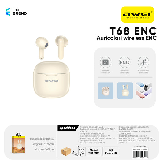 AWEI T68ENCBE ENC Cuffie Wireless Beige