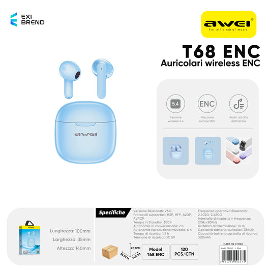 AWEI T68ENCBL ENC Cuffie Wireless Blu