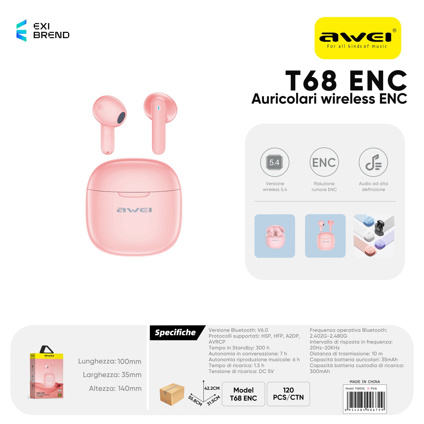 AWEI T68ENCPK ENC Cuffie Wireless Viola