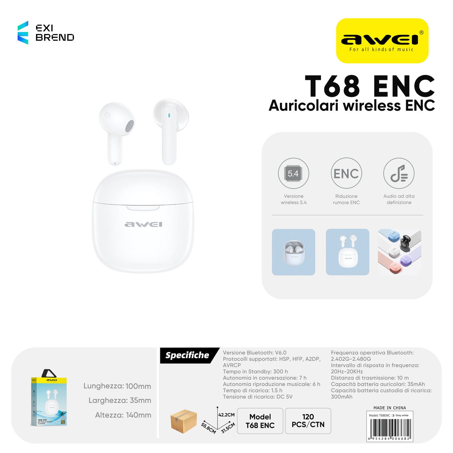 AWEI T68ENCWH ENC Cuffie Wireless Bianco