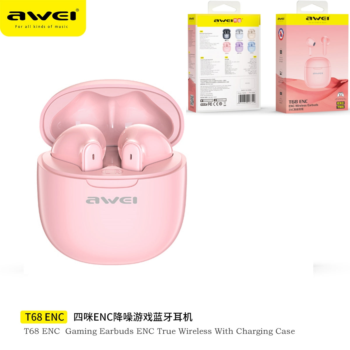 AWEI Rosa Bianco Cuffie Bluetooth Per Giochi Con Cancellazione Del Rumore