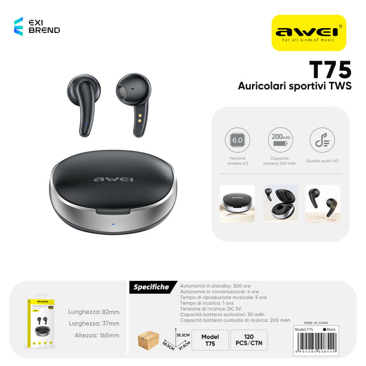 AWEI T75BK T75 True Wireless Sport Auricolari Nero