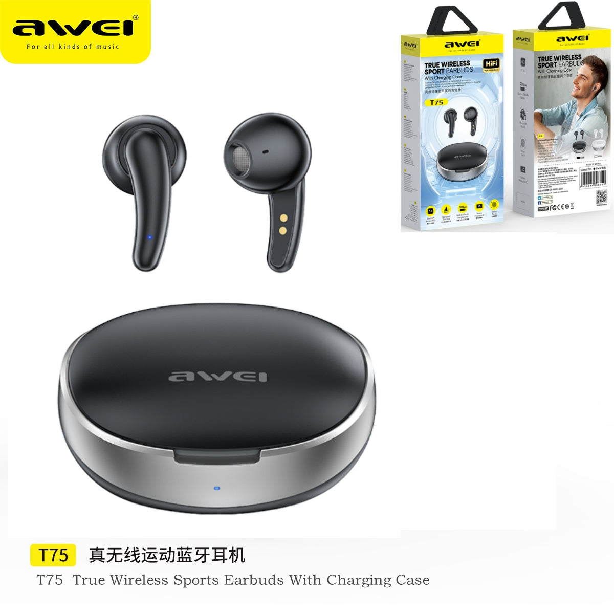 AWEI T75 True Wireless Sport Earbuds Nero