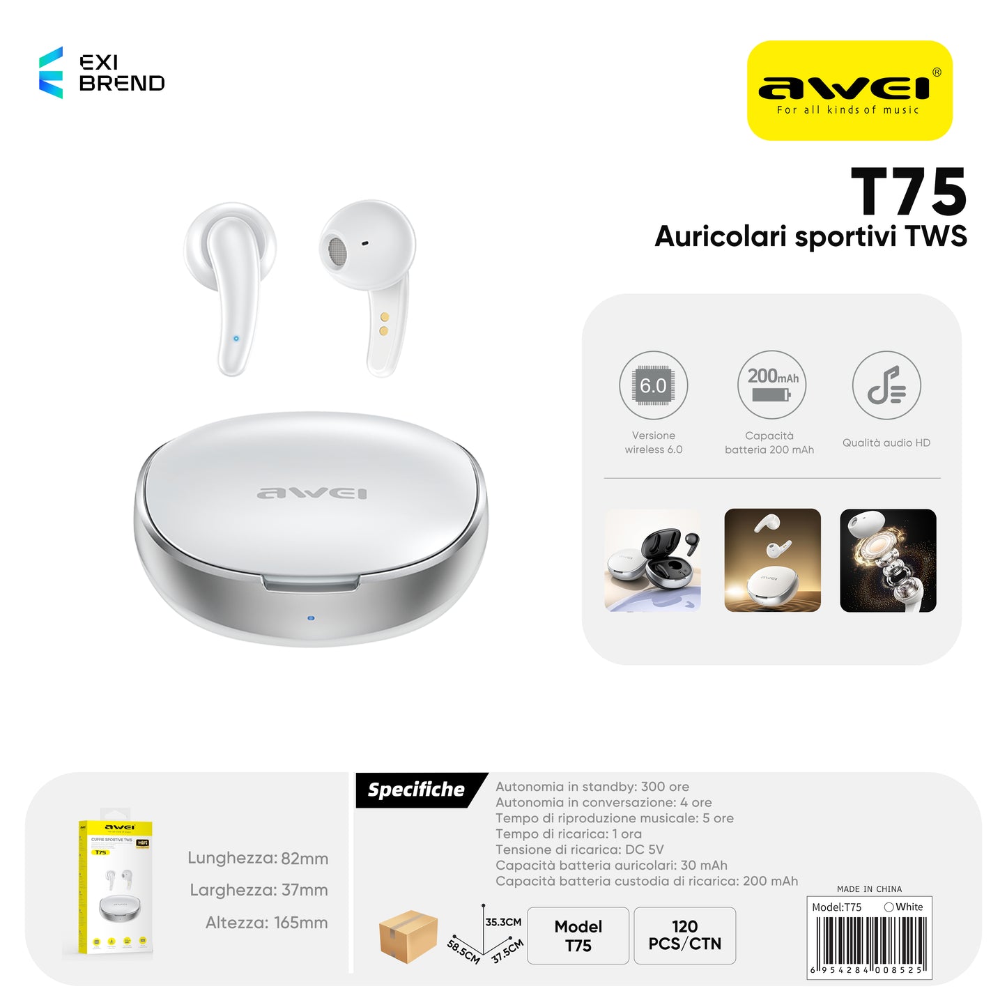 AWEI T75BK T75 True Wireless Sport Auricolari Nero