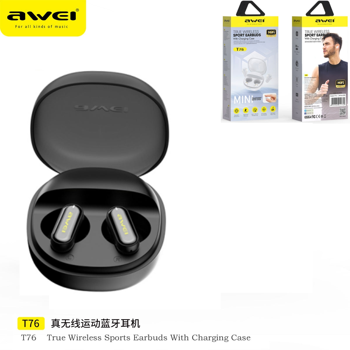 AWEI Auricolare Sportivo True Wireless Nero