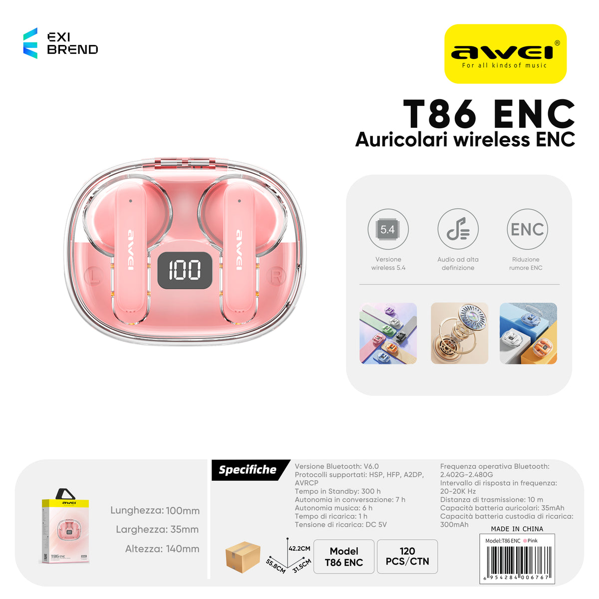 AWEI T86ENCPK ENC Cuffie Wireless Rosa