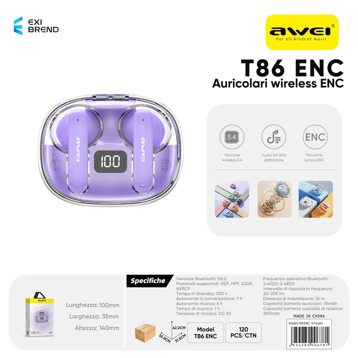AWEI T86ENCPP ENC Cuffie Wireless Viola