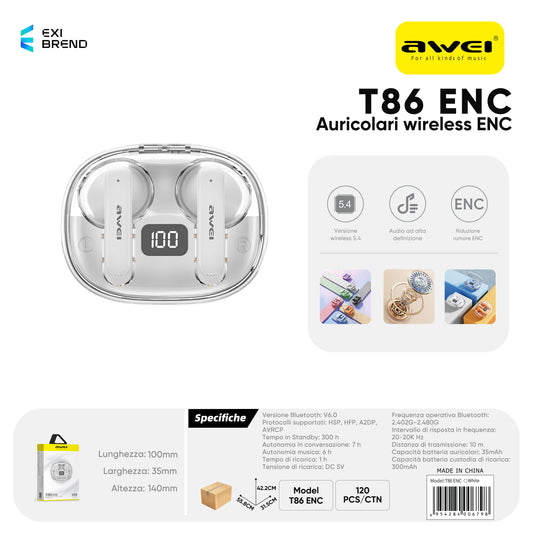 AWEI T86ENCWH ENC Cuffie Wireless Bianco