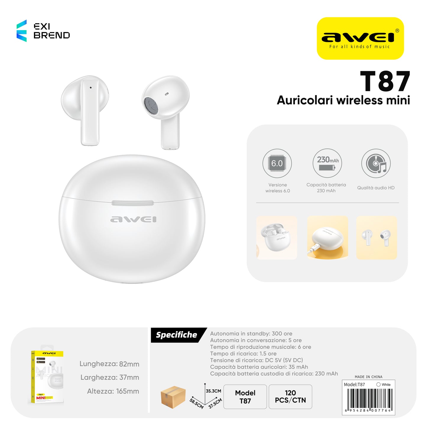 AWEI T87 Auricolari Sportivo True Wireless