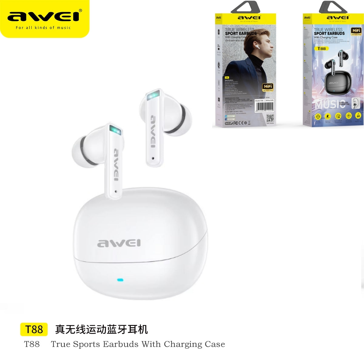 AWEI Auricolare Sportivo True Wireless White
