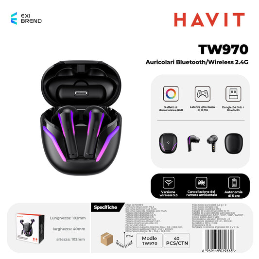 HAVIT TW970 Auricolari Bluetooth 5.4 / Wireless 2,4 GHz con RGB