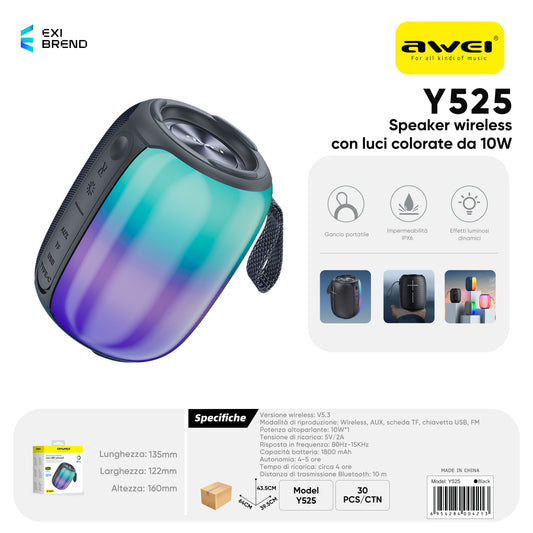 AWEI Y525 Speaker RGB Impermeabile Bluetooth Nero