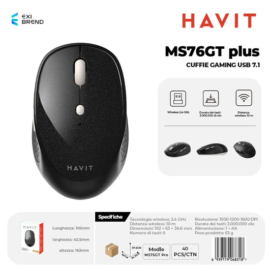 HAVIT MS76GT plus Wireless 2,4 GHz Mouse DPI Regolabili 800-1200-1600-2400 - Black