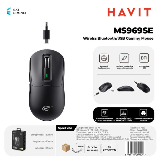 HAVIT MS969SE Wireless Bluetooth 5,1 / Mouse Gaming USB con RGB DPI Regolabili Fino 8000 - Black