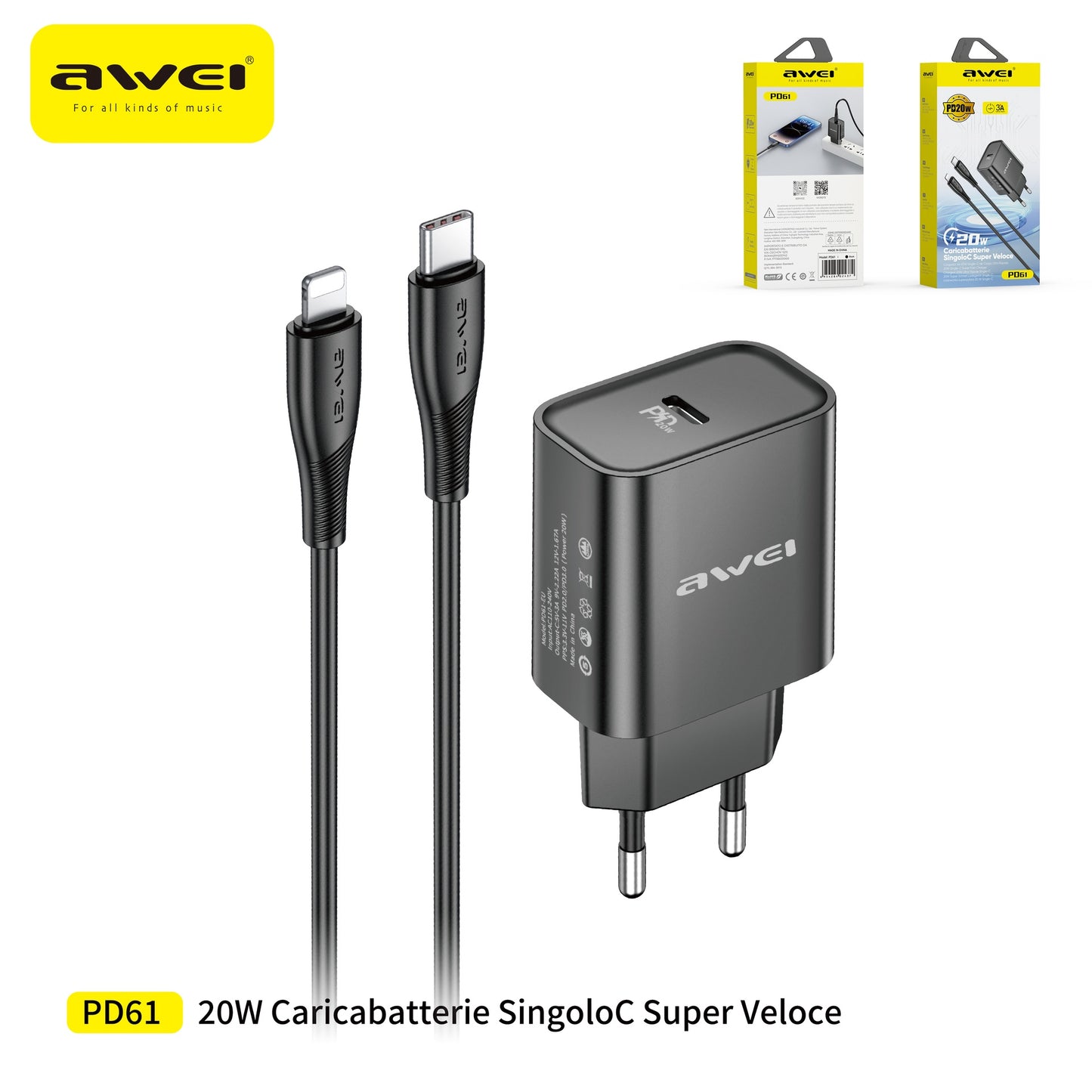 AWEI PD61CL Set Caricatore 20 W + Cavo Type-C a Lightning