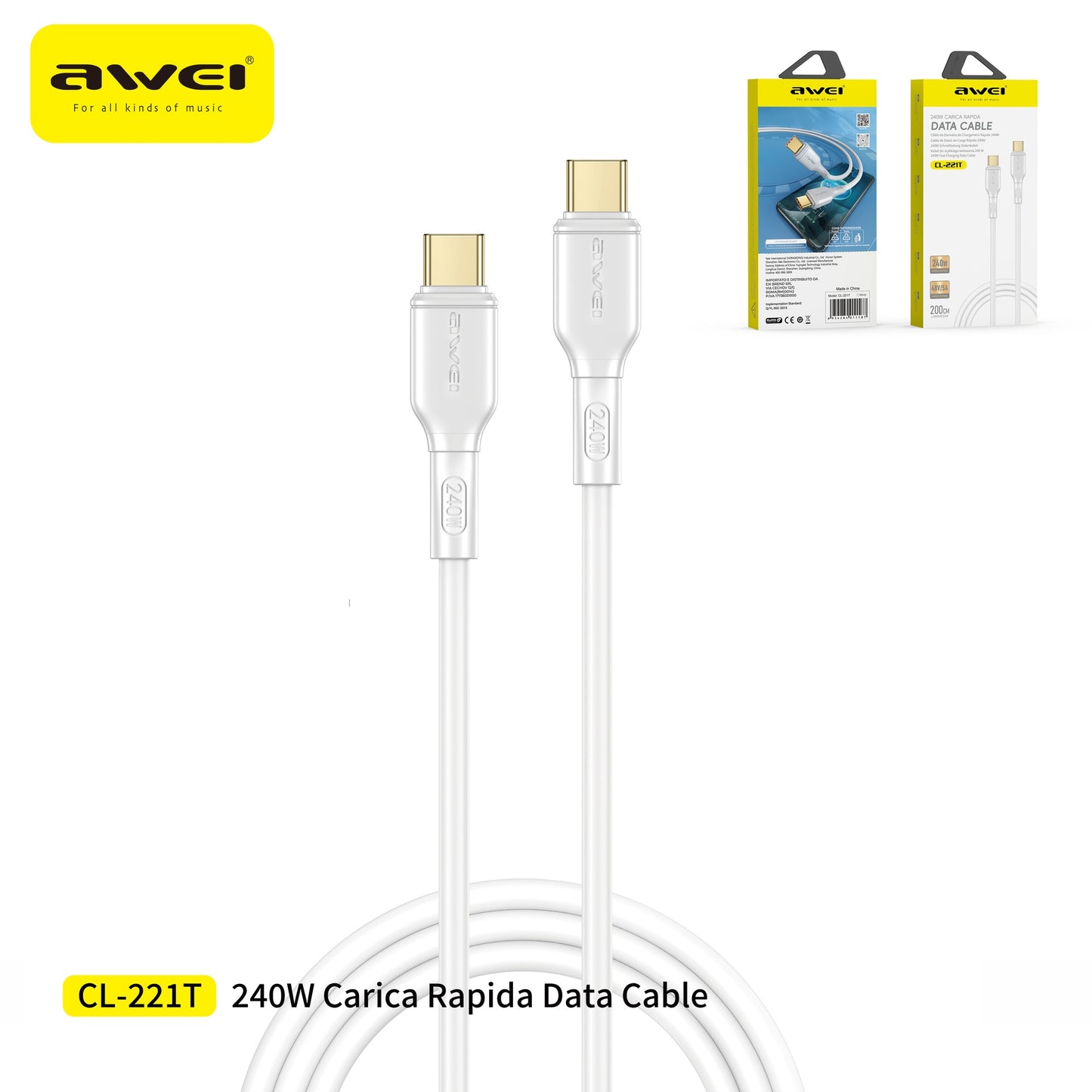 AWEI CL-221T-2 Cavo Ricarica Rapida Type-C a Type-C 240 W 5A 2 m