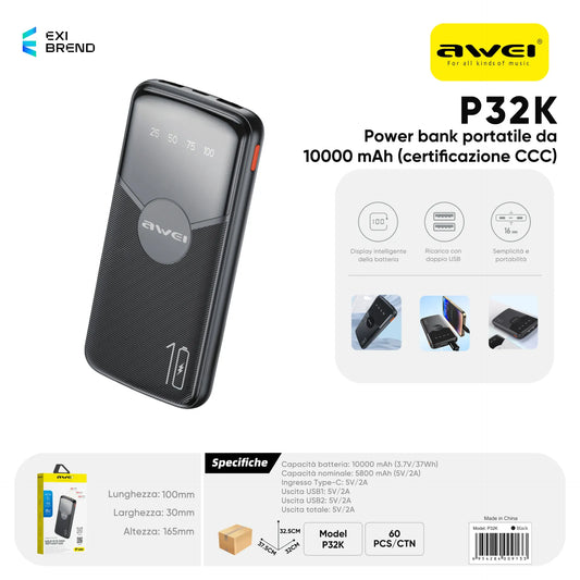 AWEI P32K Power Bank 10000 mAh Doppia USB 10000 mAh - Black