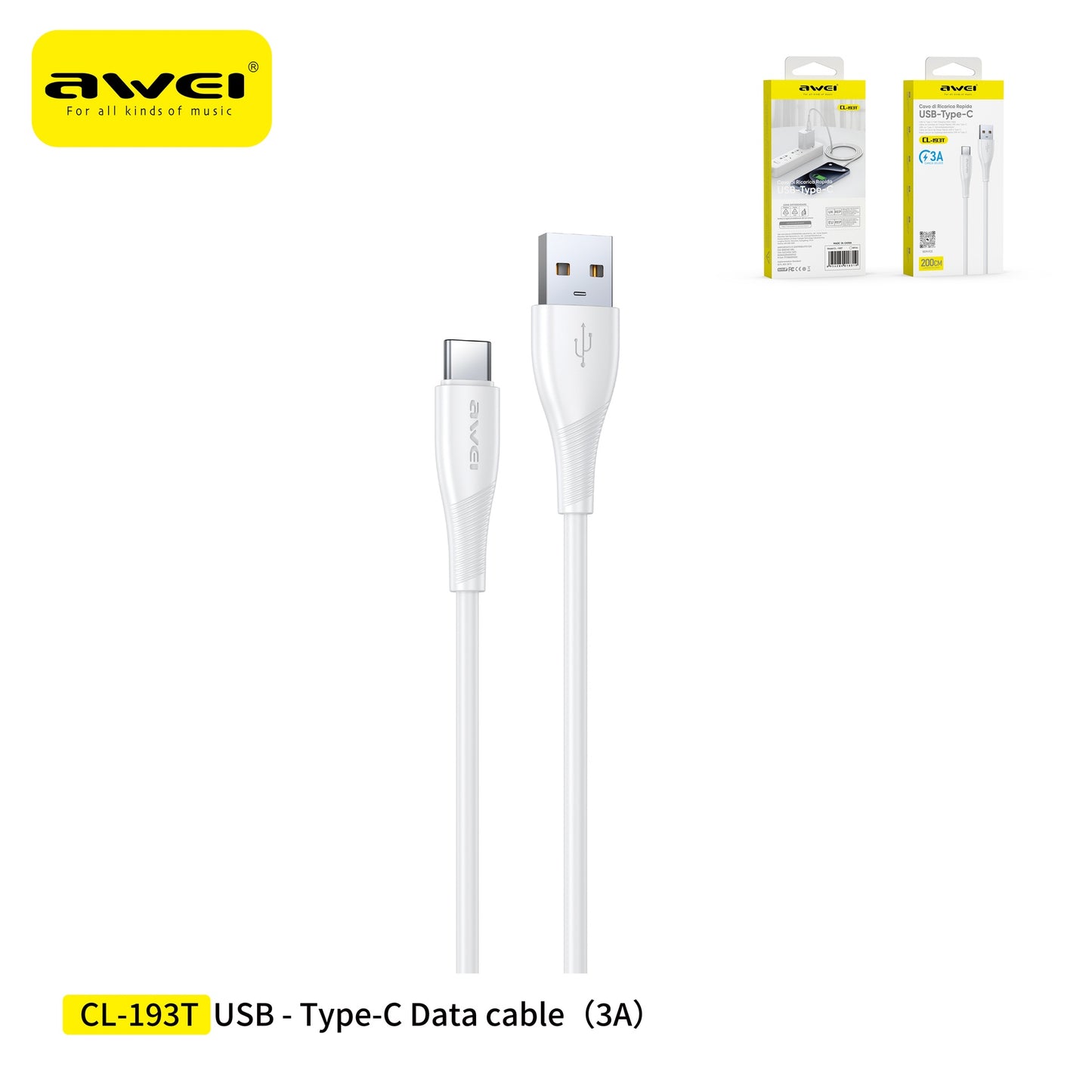 AWEI CL-193TWH Cavo USB a Type-C 2 m
