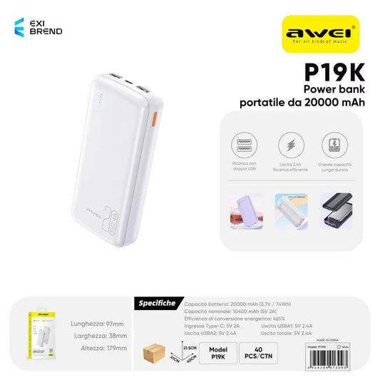 AWEI P19K Power Bank 20000 mAh Doppia USB - White