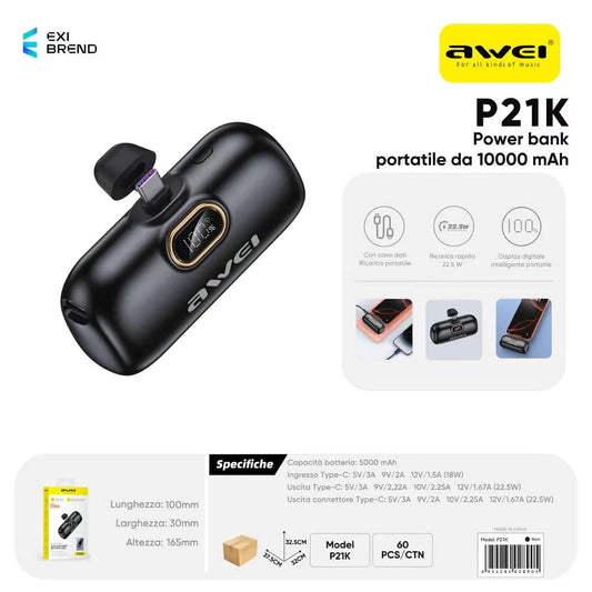 AWEI P21K-BK Power Bank 5000 mAh Nero