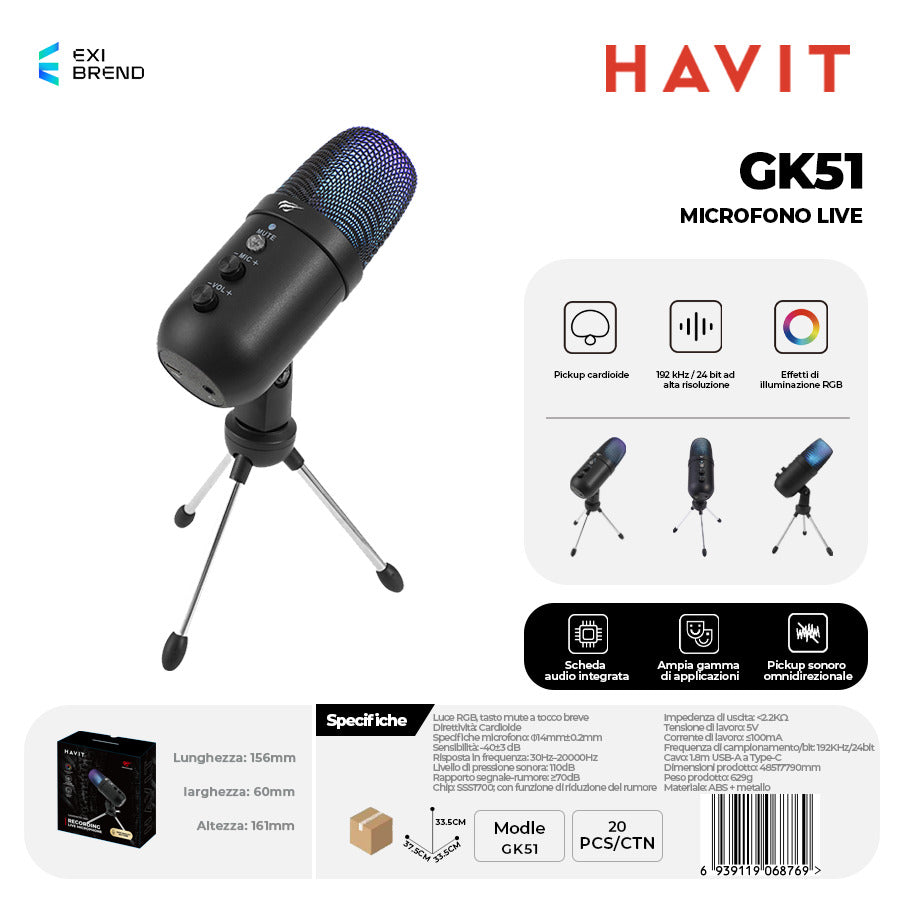 HAVIT GK51 Microfono Gaming RGB USB