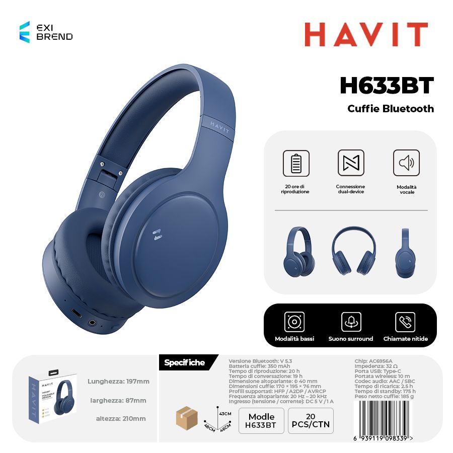 HAVIT H633BT Cuffie Bluetooth Multimodale - Blue