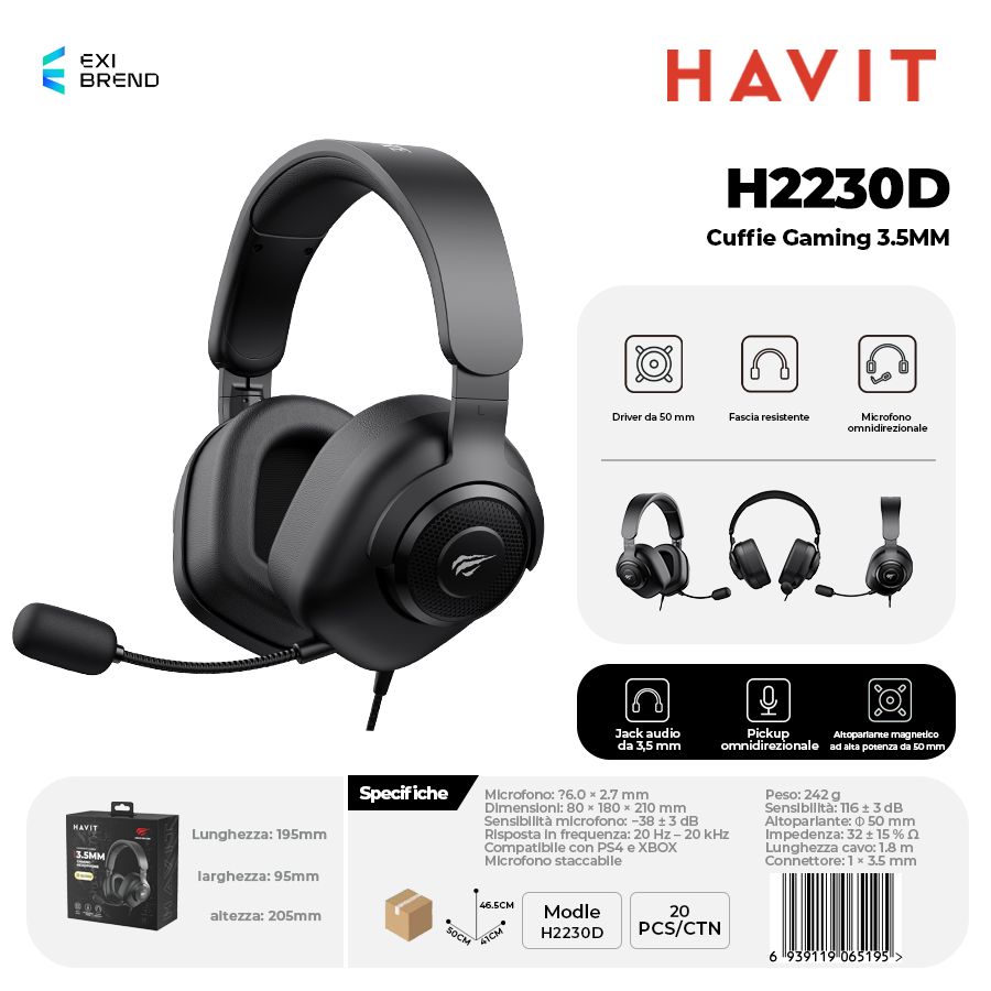 HAVIT H2230D Cuffie Gaming Altoparlante da 50 mm con Pulsante Muto e Controllo Volume - Black