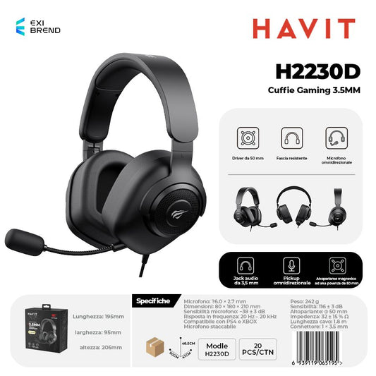 HAVIT H2230D Cuffie Gaming Altoparlante da 50 mm con Pulsante Muto e Controllo Volume - Black