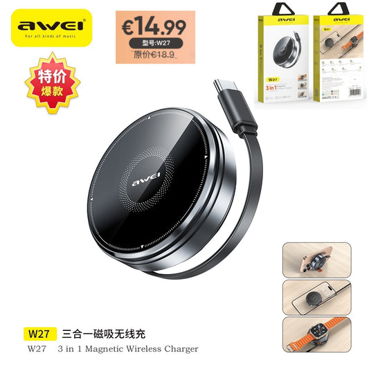 AWEI W27 Caricatore Wireless Portatile 3 in 1 Presa Type-C