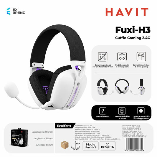 HAVIT FUXI-H3 Cuffie Gaming Wireless 2,4 GHz Ultra Leggero e Flessibile - White