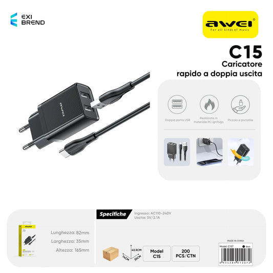 AWEI C15T-EU Set Caricatore con Doppio Uscita USB Cavo USB To Type-C - Black