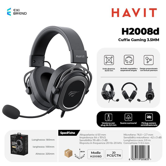 HAVIT H2008d Cuffie Gaming Altoparlante da 50 mm con Attacco 3,5 mm