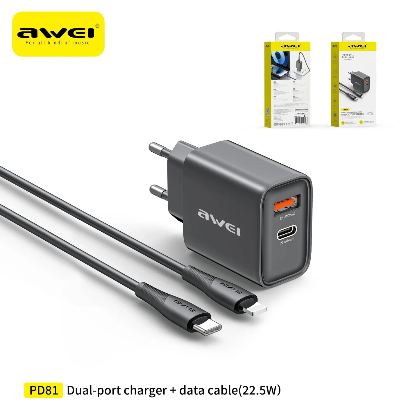 AWEI PD81i-EU Set Caricatore 22,5 W USB Type-C con Cavo C-L - Black