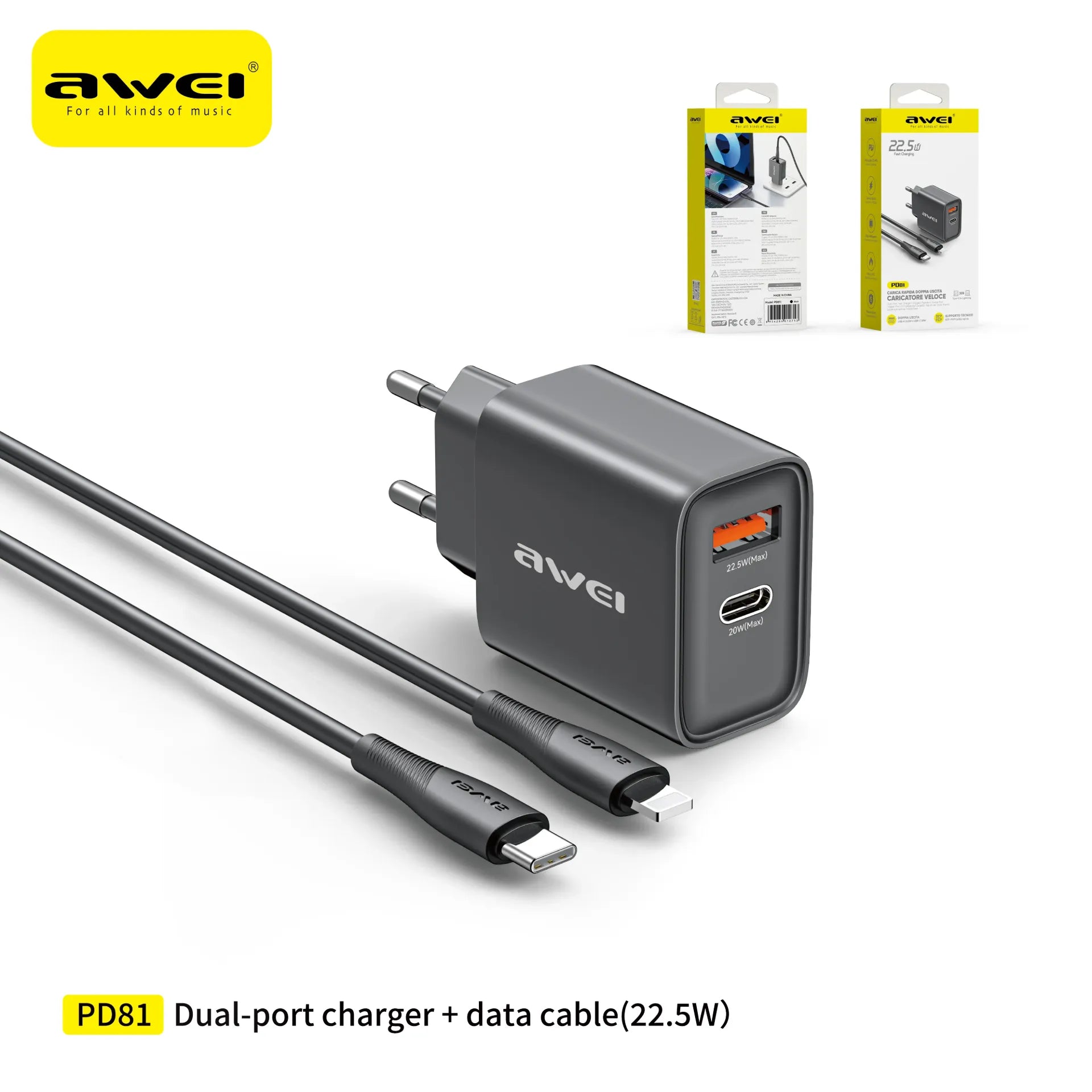 AWEI PD81i-EU Set Caricatore 22,5 W USB Type-C con Cavo C-L - Black