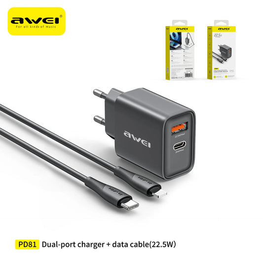 AWEI PD81i-EU Set Caricatore 22,5 W USB Type-C con Cavo C-L - Black