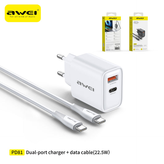 AWEI PD81C-EU Set Caricatore 22,5 W USB Type-C con Cavo C-C - White