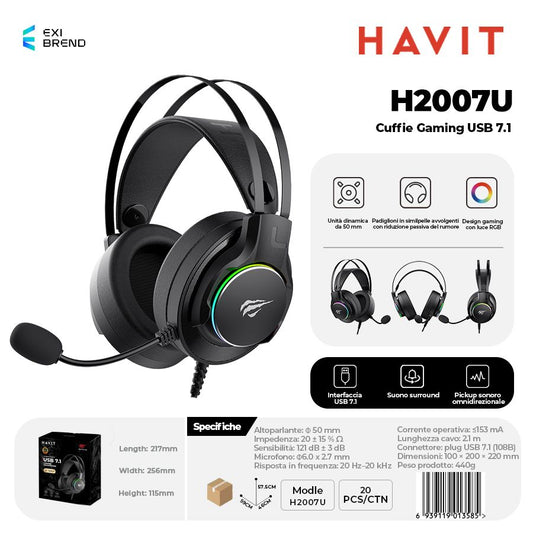HAVIT H2007U Cuffie Gaming USB 7,1 Altoparlante 50 mm con RGB