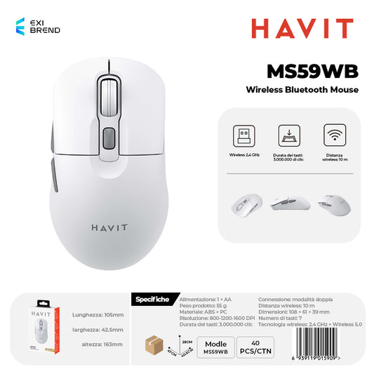 HAVIT MS59WB Wireless Bluetooth 5,0 Mouse DPI Regolabili 800-1200-1600 Peso 55g - White