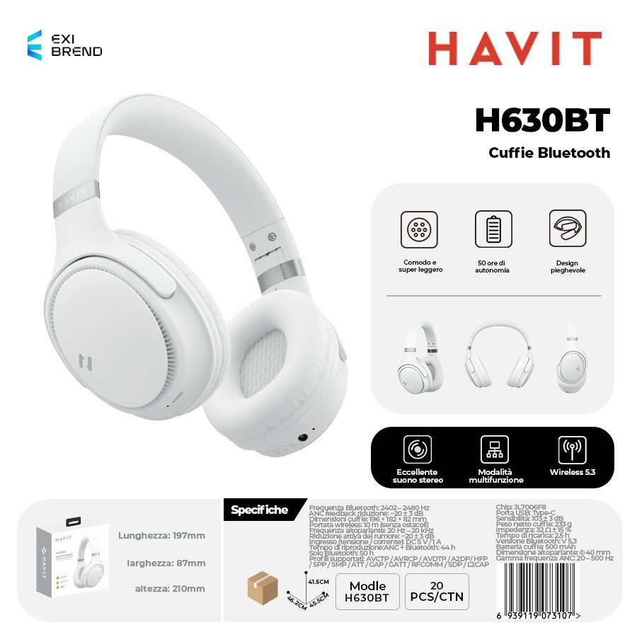 HAVIT H630BT Cuffie Bluetooth Pieghevole Altoparlante 40 mm 500 mAh - White
